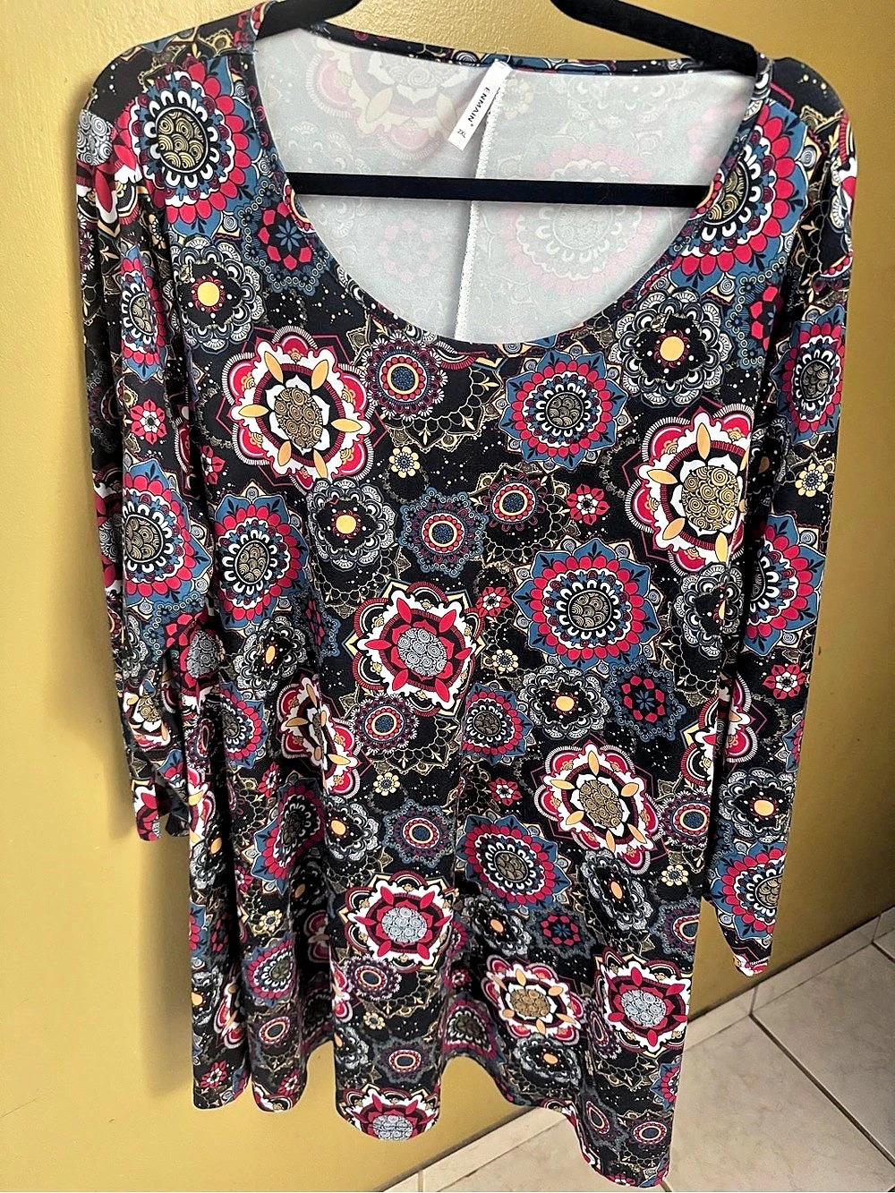Enmain Women's Paisley Floral 3/4 Sleeve Swing Tunic Top/Mini Dress (XL)